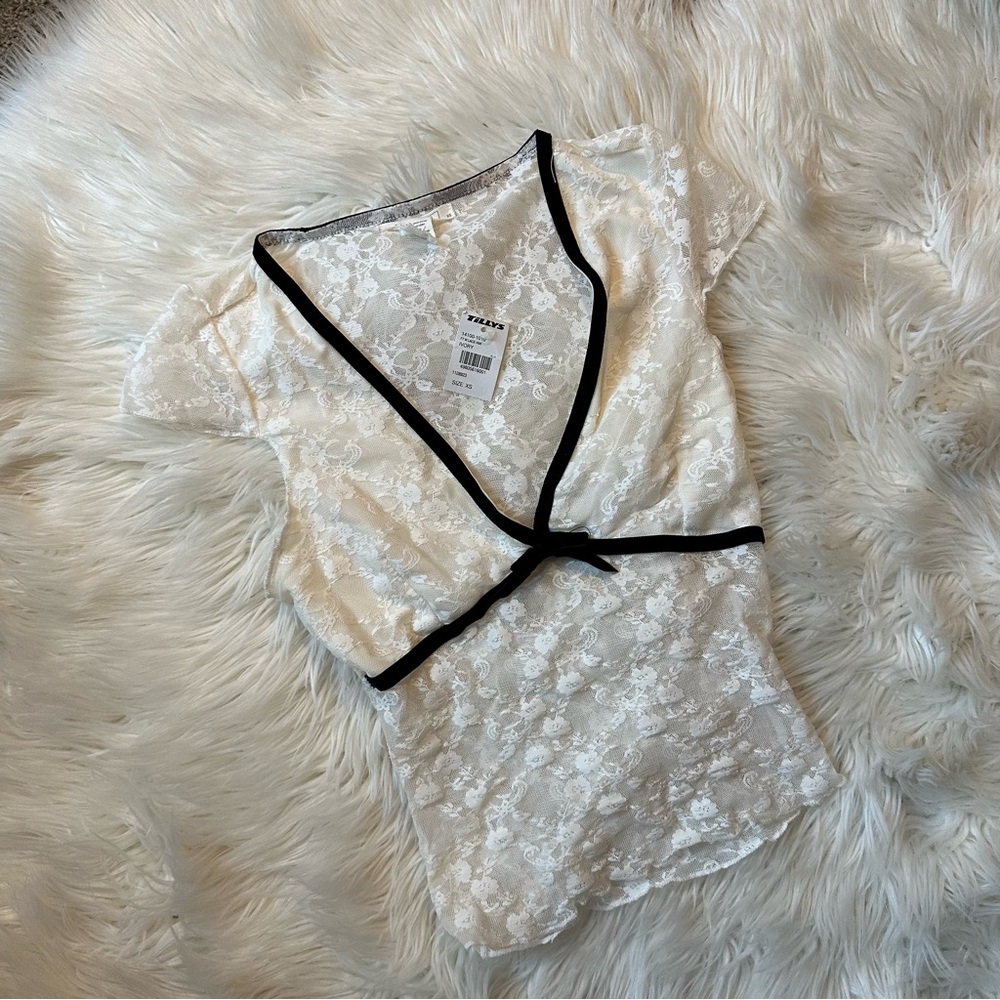 Full Tilt Lace Wrap Blouse - Cream and Black